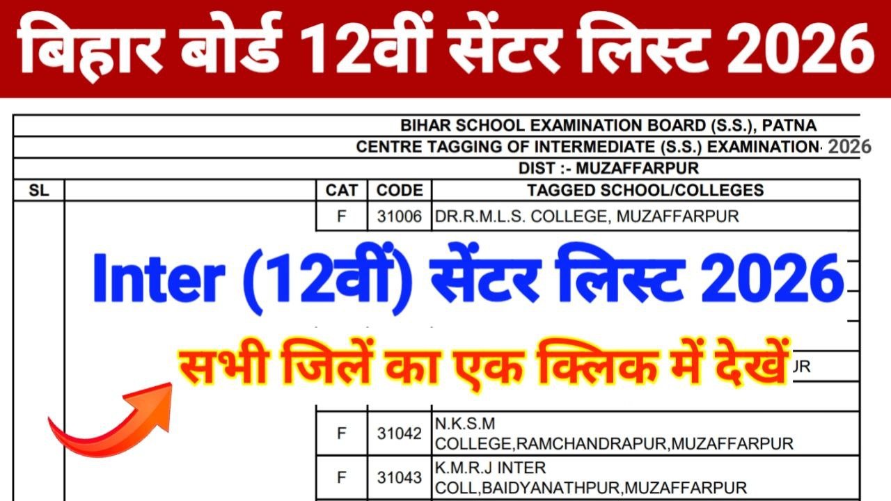 Bihar Board 12th Center List 2026 Out Link
